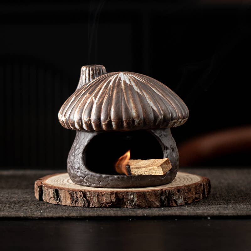 Ceramic Mushroom House Back Flow Incense Burner: Black Mushroom