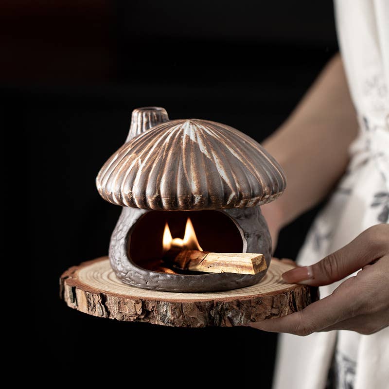 Ceramic Mushroom House Back Flow Incense Burner: Black Mushroom