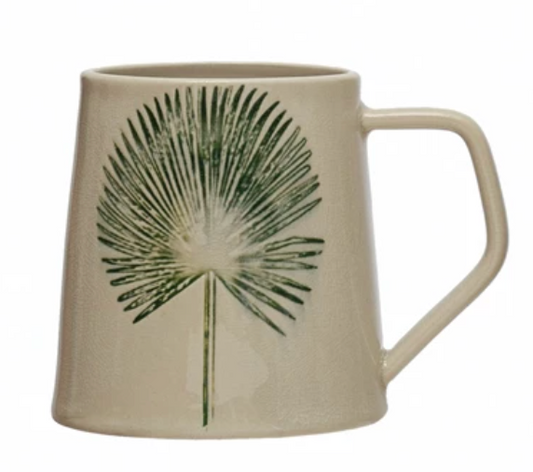 14 oz. Stoneware Mug with Debossed Leaf, Reactive Crackle Glaze