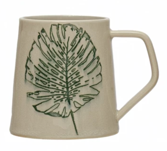 14 oz. Stoneware Mug with Debossed Leaf, Reactive Crackle Glaze