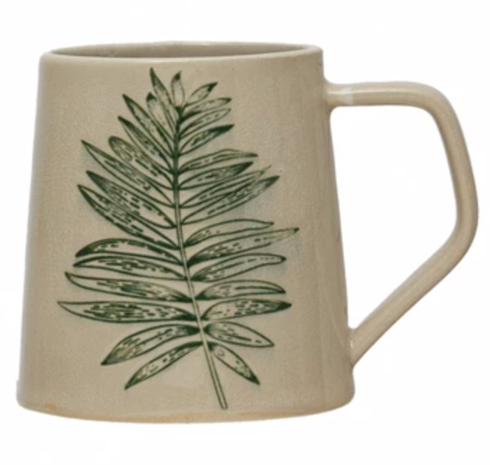 14 oz. Stoneware Mug with Debossed Leaf, Reactive Crackle Glaze